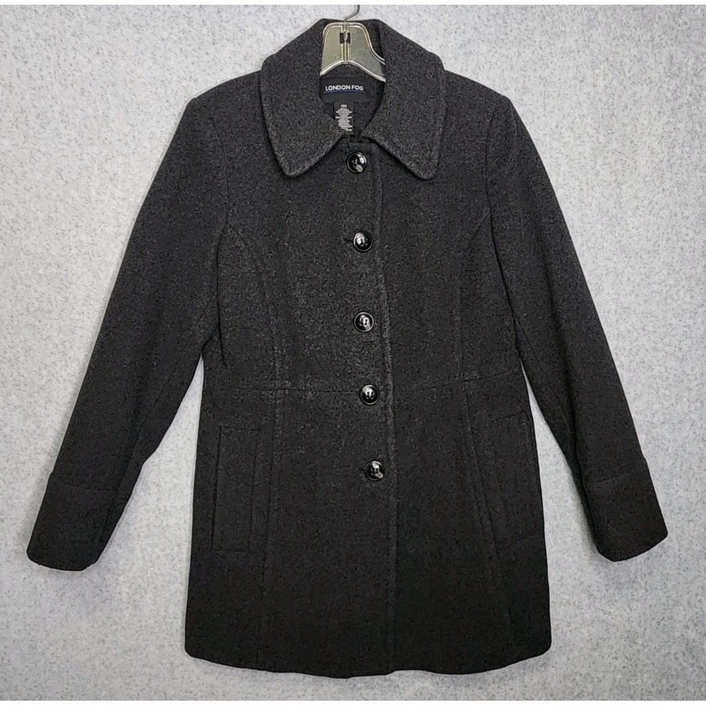 London Fog Women's Wool Blend Charcoal Gray Single Breasted Pea Coat Small‎